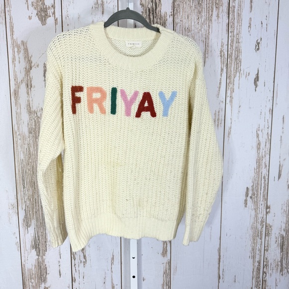 Promesa Sweaters - Promesa, Cream Chunky Knit Sweater with Colorful 'FRIYAY'. Size M/L.